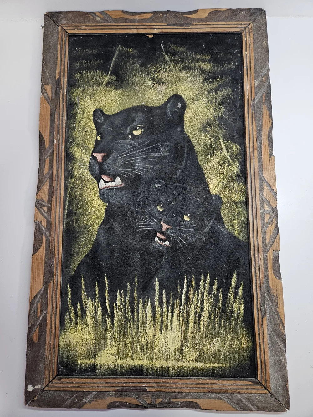VINTAGE MCM Panther and Cub Velvet Painting Wooden Framed Artist Signed